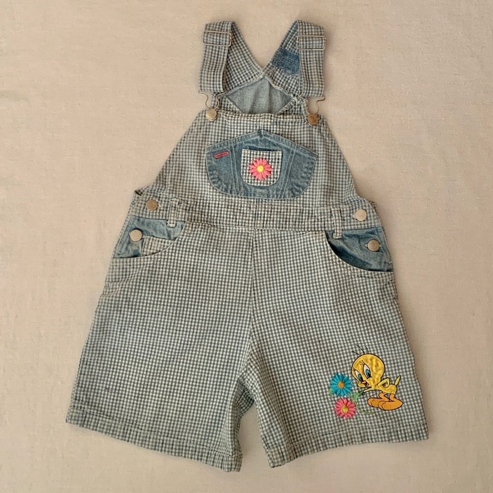 1997 Looney Tunes Tweety Bird Embroidered 90s Gingham Denim Shortalls Overalls 8